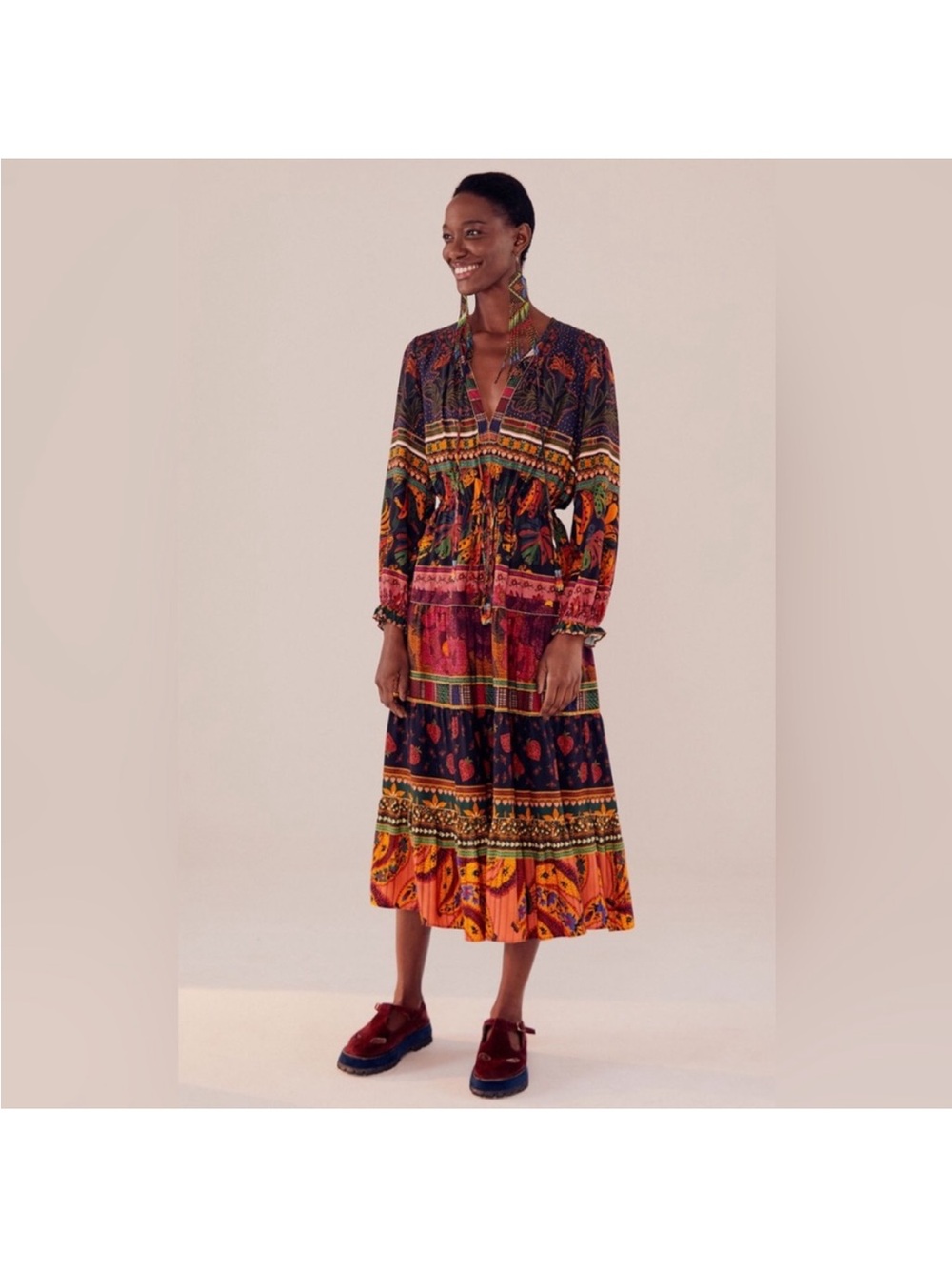 FARM Rio Multicolor Printed Midi Dress — Navy, Orange, Pink, Yellow